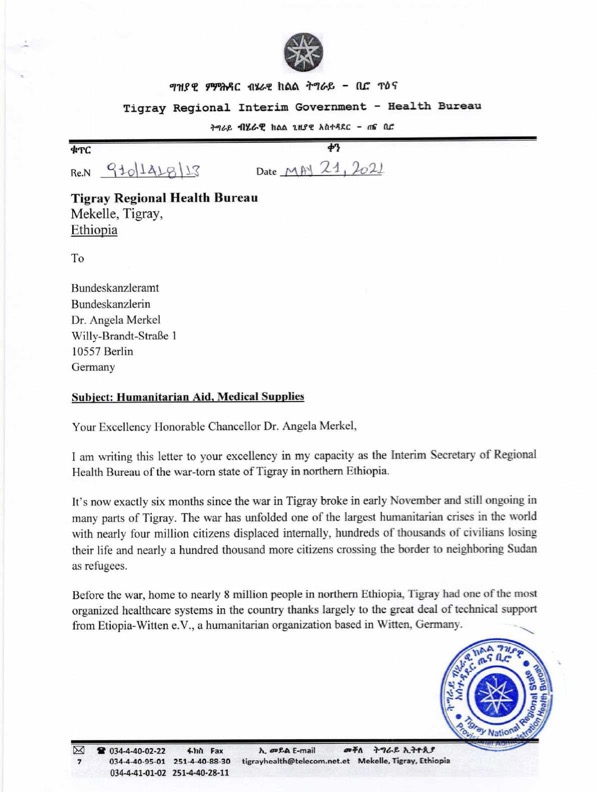 Letter from Tigray Health Bureau to German Government #1
