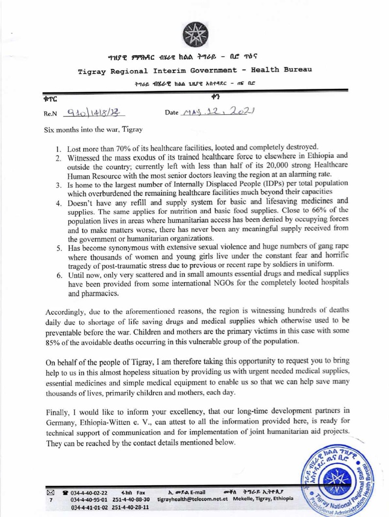 Letter from Tigray Health Bureau to German Government #2