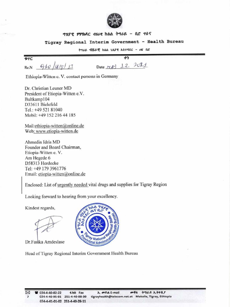 Letter from Tigray Health Bureau to German Government #3